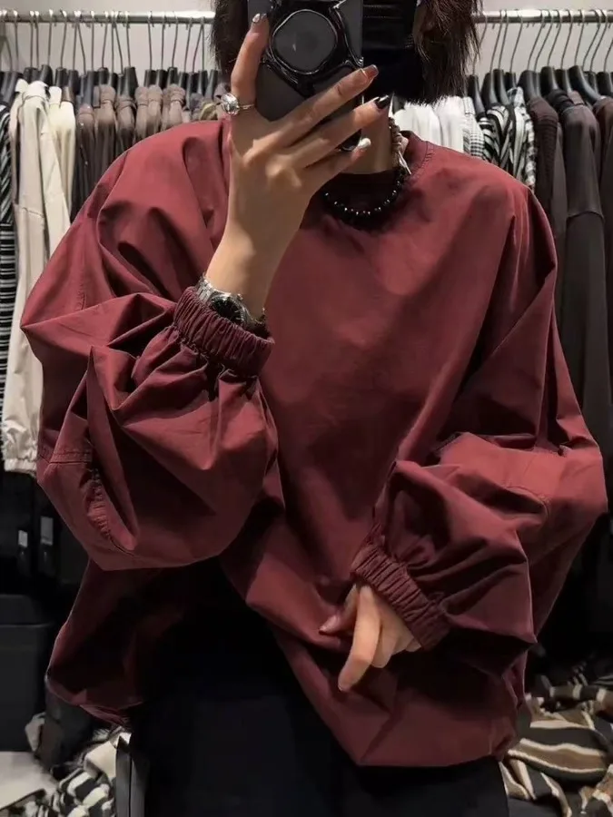 

Ele Long Sve Women's irt Casual Loose Fitting Slimming round Ne Bubble Sve Overhead Top for Autumn Season