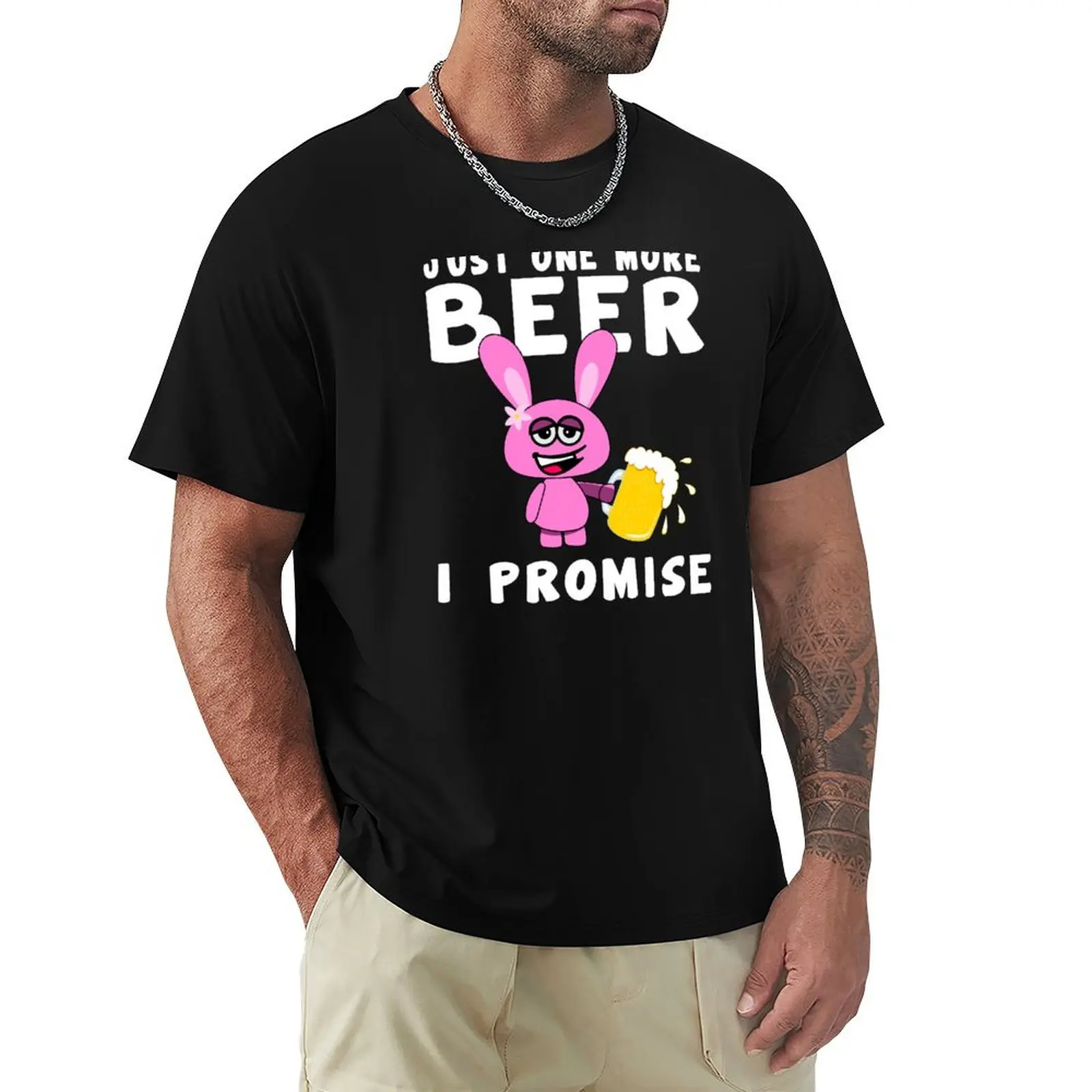 Just One More Beer I Promise Pink Drunken Rabbit With A Beer T-Shirt Casual All Match Short Sleeve T-Shirt