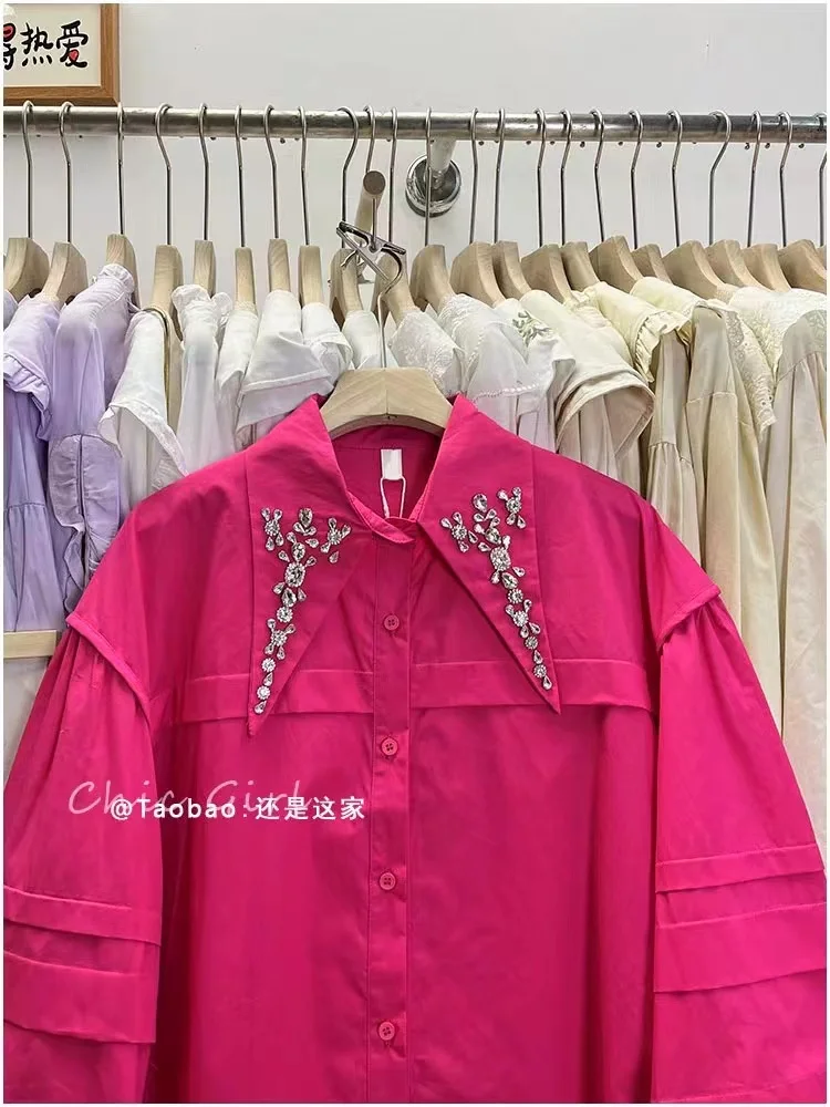 New In 2024 Autumn Diamonds Collar Loose Casual Cotton Shirts Blouses For Women Long Sleeve Buttons Up Mid-length Top Blusas