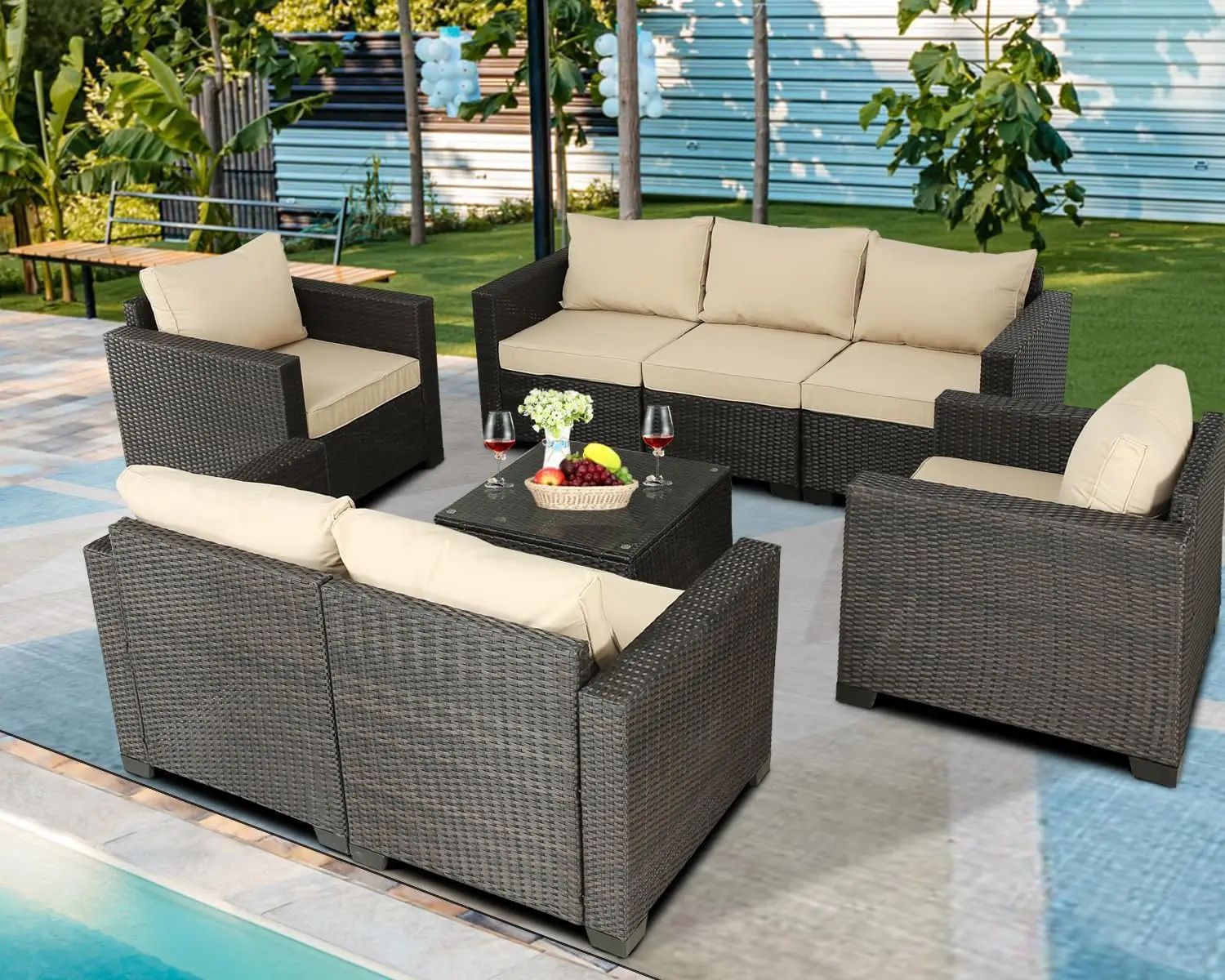 

Patio Conversation Sets Balcony Furniture Outdoor Sectional Outdoor Couch with Table for Backyard Garden Poolside (Brown/Beige)