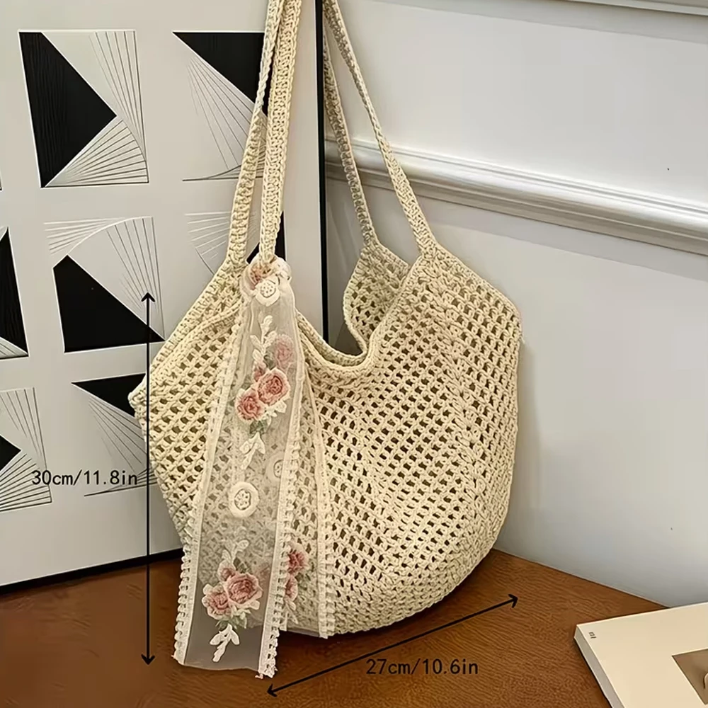 

Women's Tote Bag, Women's Crochet Tote Bag and Ribbon Two-Piece Set, Large Capacity Hollow Woven Shopping Bag with Fixed Shoulder Strap, Unlined, Suitable for Travel and Daily Use