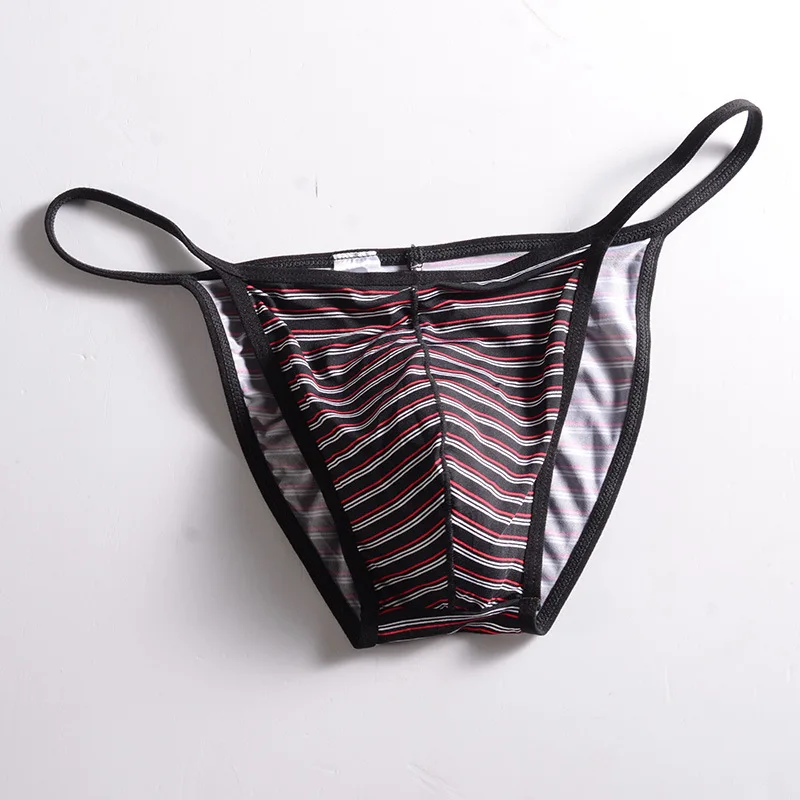 Men Sexy G-Strings & Thongs Stripe Printed String Panties Low Waist U Convex Pouch Lingerie Underpants Tanga Bikini Slip Homme