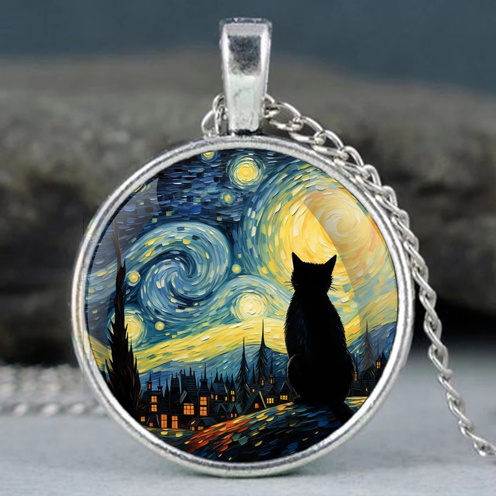 Set Hadiah Jam Saku Kelas Atas Dengan Kotak Desain Seni Kucing Langit Berbintang Van Gogh Kalung Aksesori Jam Untuk Hadiah