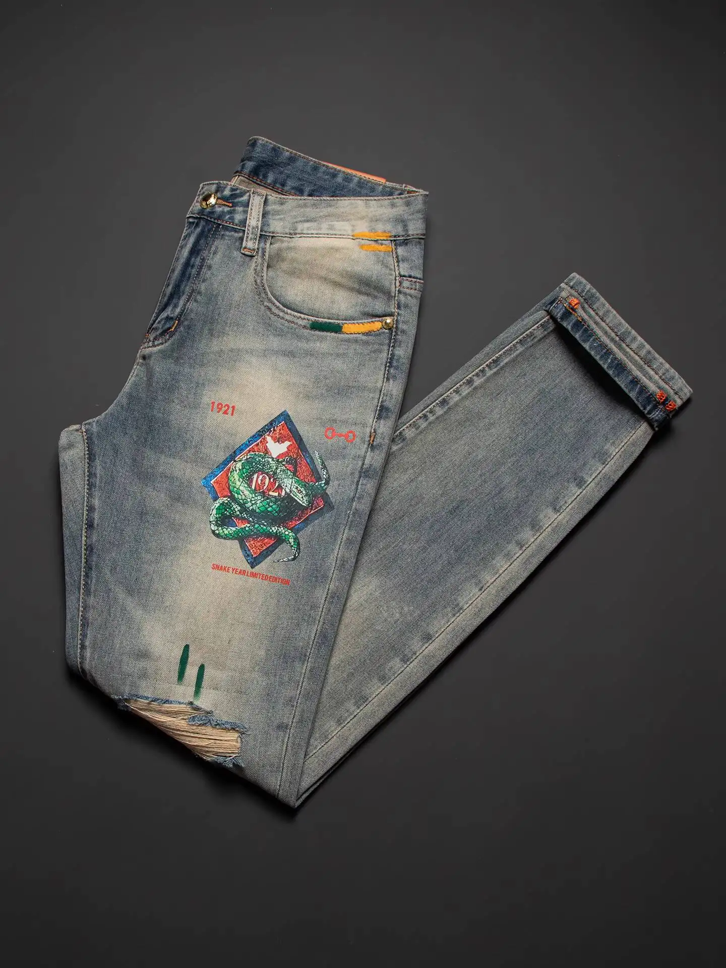 High Quality Hand-painted Printed Jeans Men's Fashion Brand Slim Fit Small Feet 2026 New Perforated Pants Summer Thin Version