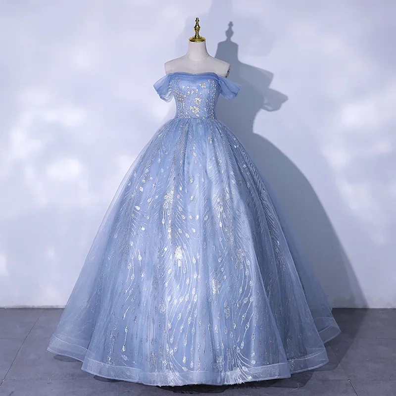 

Evening Dress Shoulder Haze Blue Vocal Art Test Dress Piano Playing Tutu Skirt Annual Meeting Evening Summer