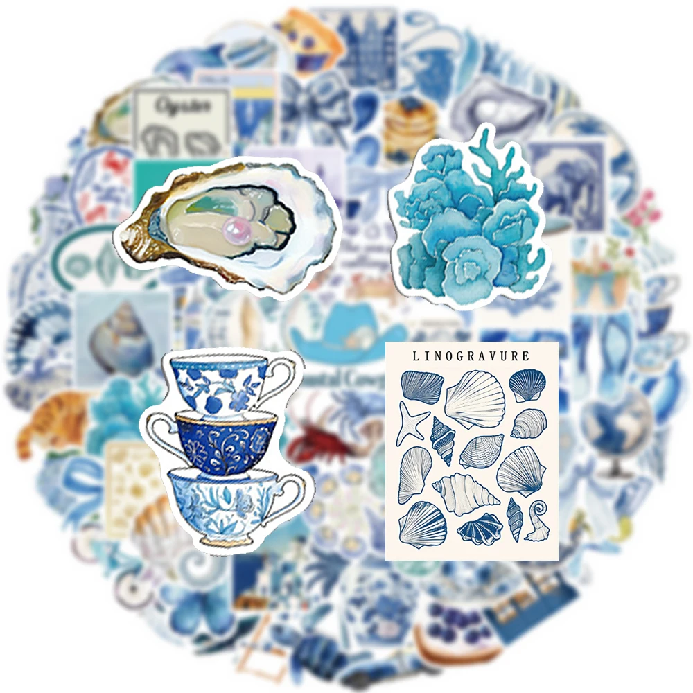 

10/30/50/100pcs Vintage Mediterranean Cartoon Stickers INS Blue Aesthetic Decoration Decals Stationery Phone Waterproof Sticker
