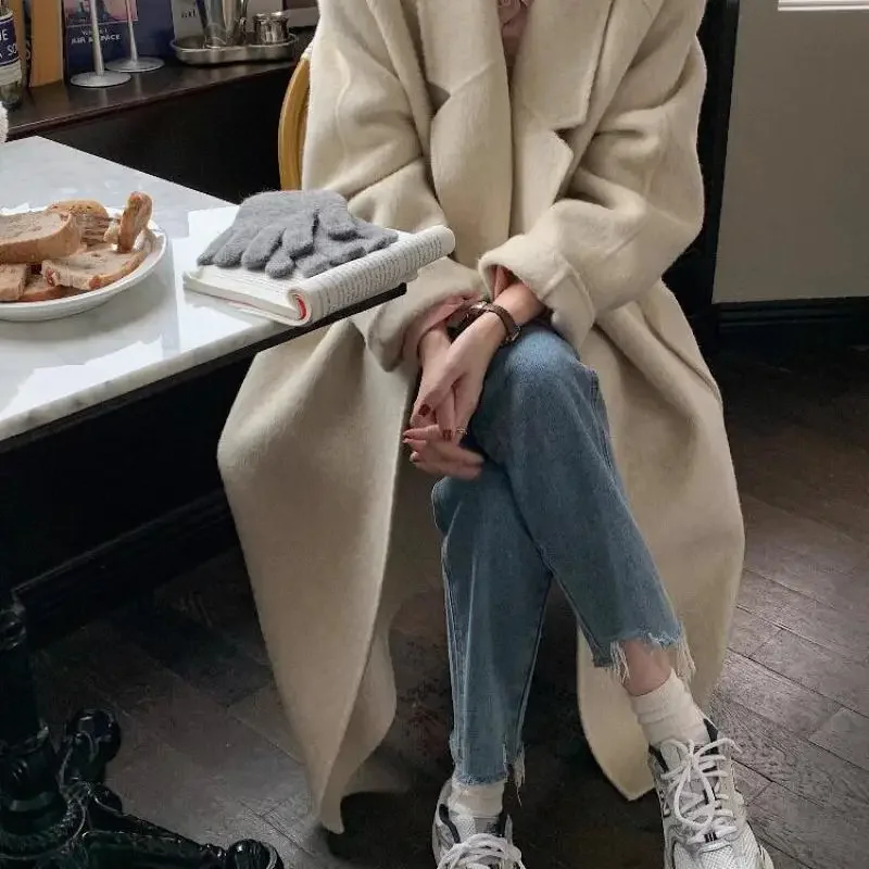 

Женское длинное шерстяное пальто, повседневное пальто розового цвета в Корейском стиле, верхняя одежда для осени и зимы, 2024