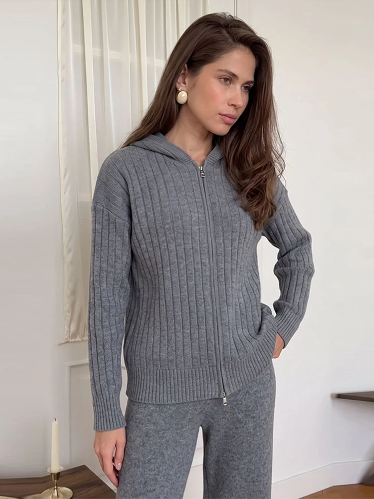 Damen Strickhosen 2-teiliges Set Kapuzenjacke mit Reißverschluss Langarm Cardigan Weite Hose Streetwear Einfarbiges Loses Outfit Partykleidung – Detail 14