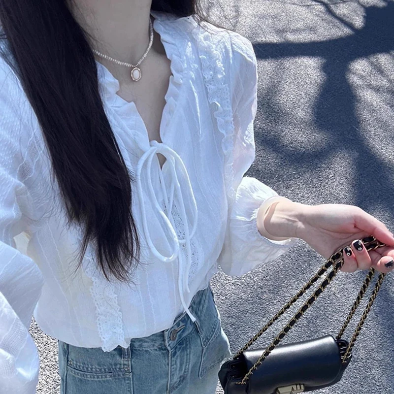 Elegant White Shirt Women's Fashion Spring Autumn 2026 New Style Premium Feel Long Sleeve Button up V-Neck Loose Fit Top