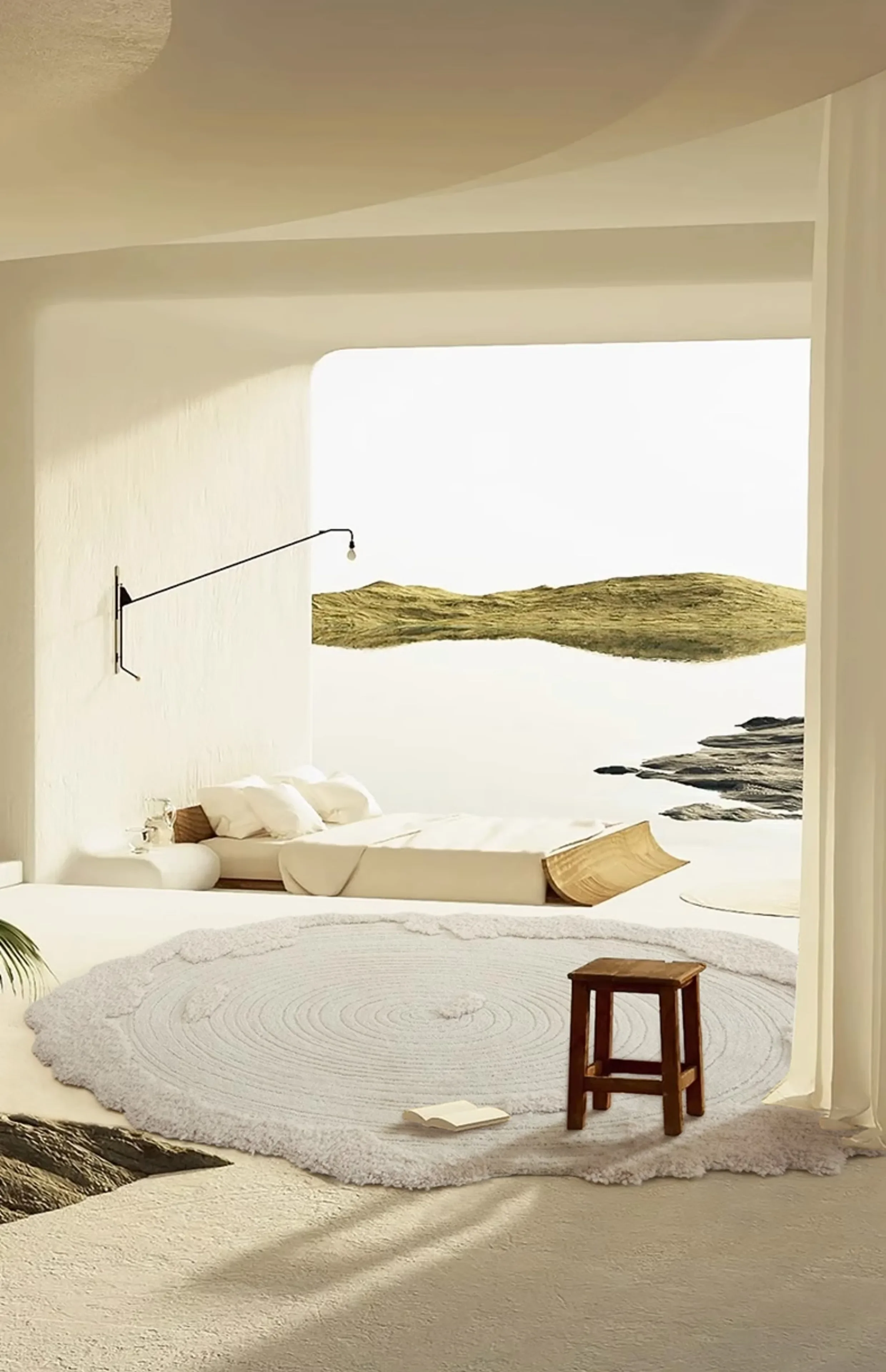 A  Handmade Rime Velvet, White Irregular Bedroom Bedside Rug Collection Grade Haute Couture Wool