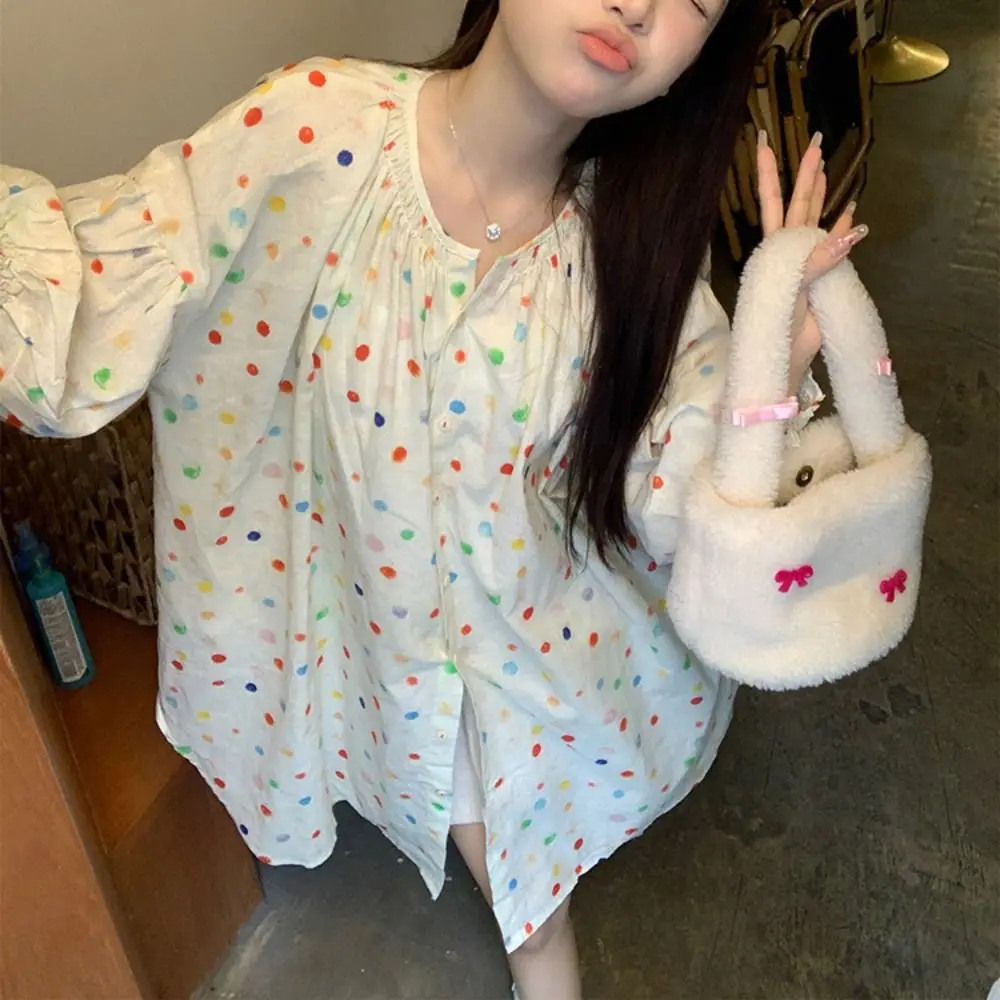 Retro słodka bluzka w kolorowe kropki, luźna koszula z długim rękawem, cienka koszula zapinana na guziki, damska koszula na wiosnę i jesień.