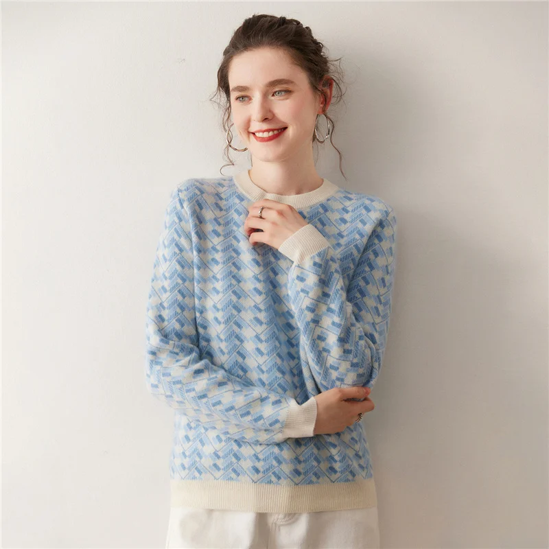 Women's Cashmere Sweater round Neck Air Layered Thick Soft Knitted Autumn Winter Loose Base Layer Overhead Color Block