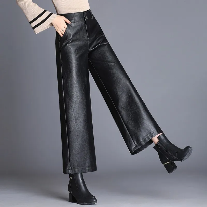 Autumn Winter South Korea Fashion Warm Long Pants Straight Elegant Leather Trousers Women Wide Leg PU Leather Pants