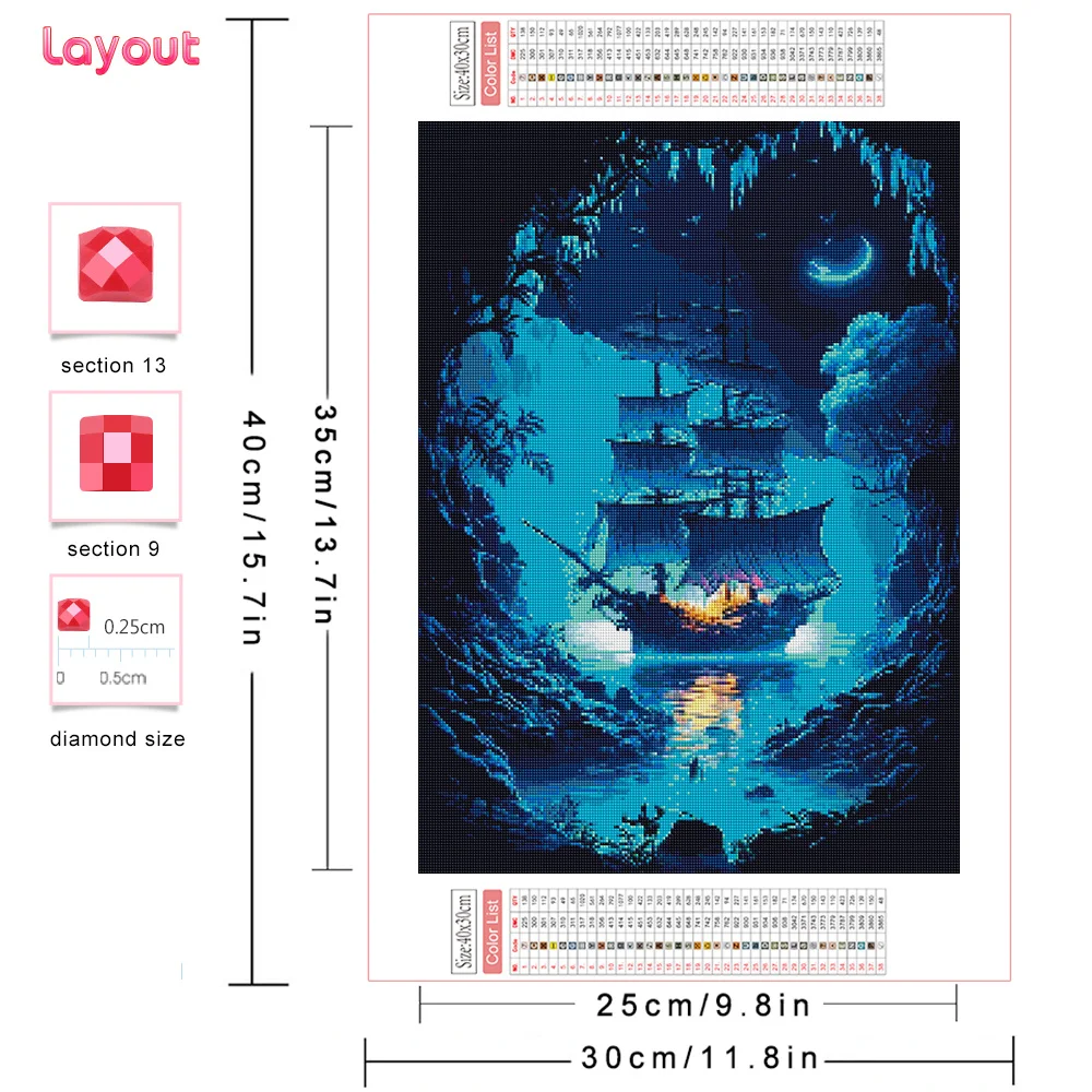 Huacan Diamond Mosaic Landscape Sailboat Full Square Round Diamond Embroidery Moon Decorative Paintings Set Rhinestone Pictures
