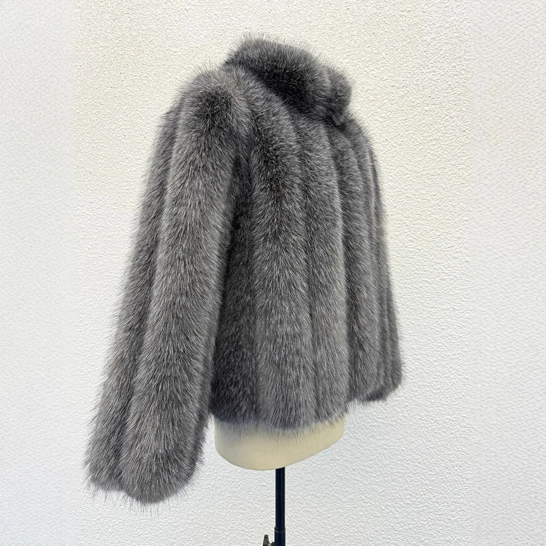 معاطف فرو الثعلب الصناعي سترات نسائية صلبة مخططة بياقة واقفة وأكمام طويلة مغطاة بأزرار سميكة مستقيمة غير رسمية لخريف وشتاء 2025 #3