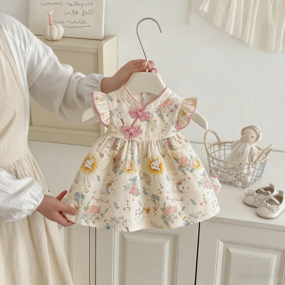 Baby-Mädchenkleider, Sommerkleider mit Blumen- und Cartoon-Print, süße Mädchenkleider im chinesischen Stil, Qipao-Babykleider, Babykleidung für Mädchen