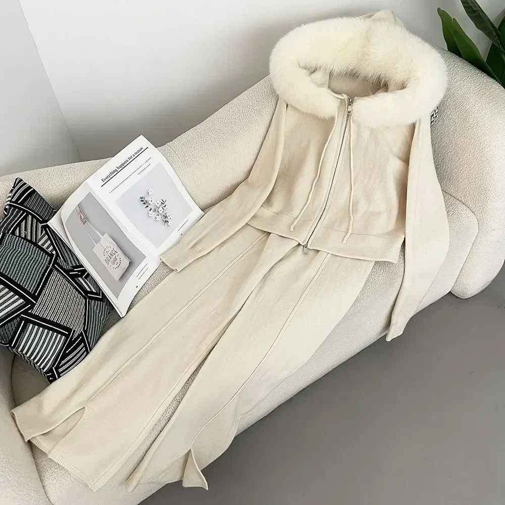 Knitwear Fox Fur Collar Fur Coat Casual Trousers Hooded Jacket with Detachable Autumn and Winter Fashionable Sweater Suit Women - view 3