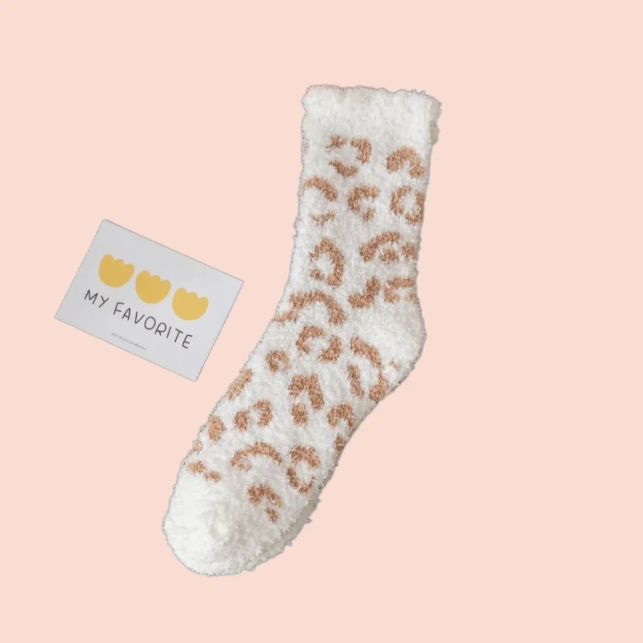 3/6 Pairs New High Quality Leopard Print Women Amazon Cross-border Thickened Home Sleep Socks Mid-tube Floor Coral Fleece Socks