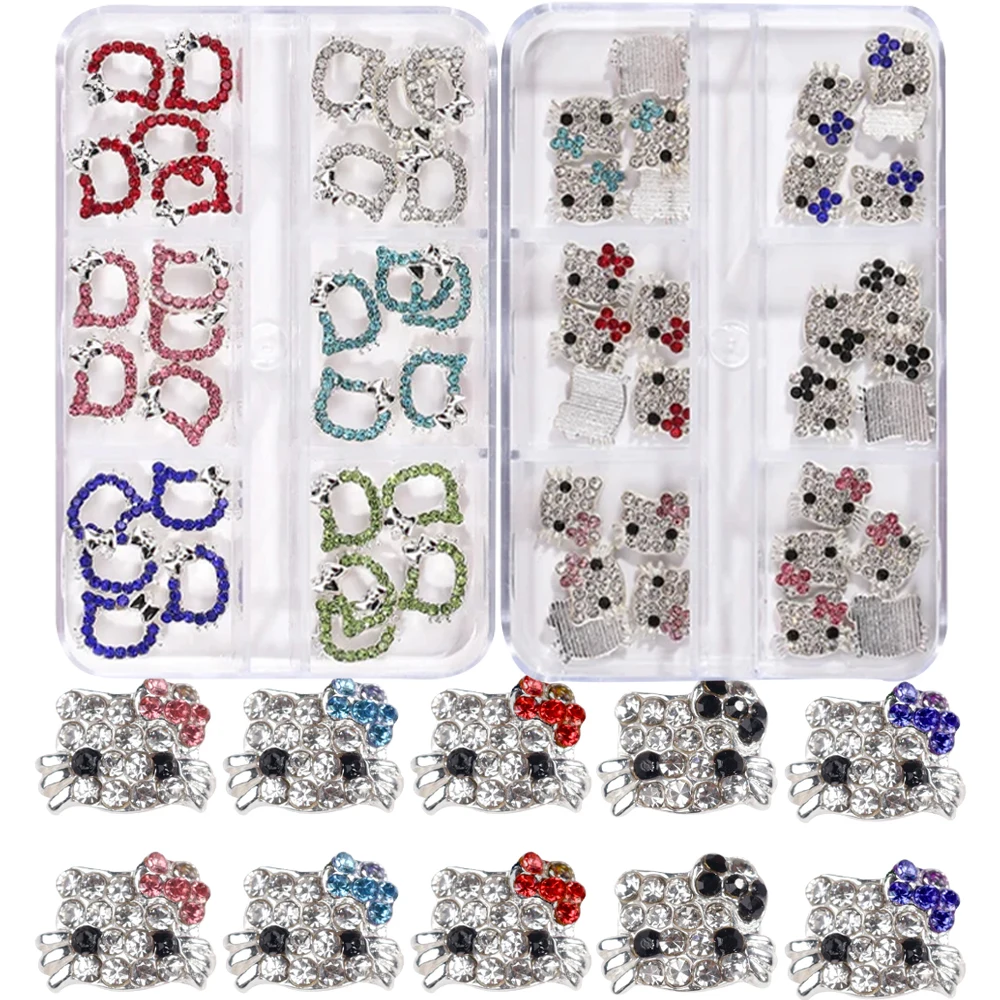 10Pcs MINISO Full Diamond Hello Kitty Nail Charms 8*11mm 3D Alloy Kitty Nail Art Rhinestone DIY Kawaii Crystal Cat Manicure Part