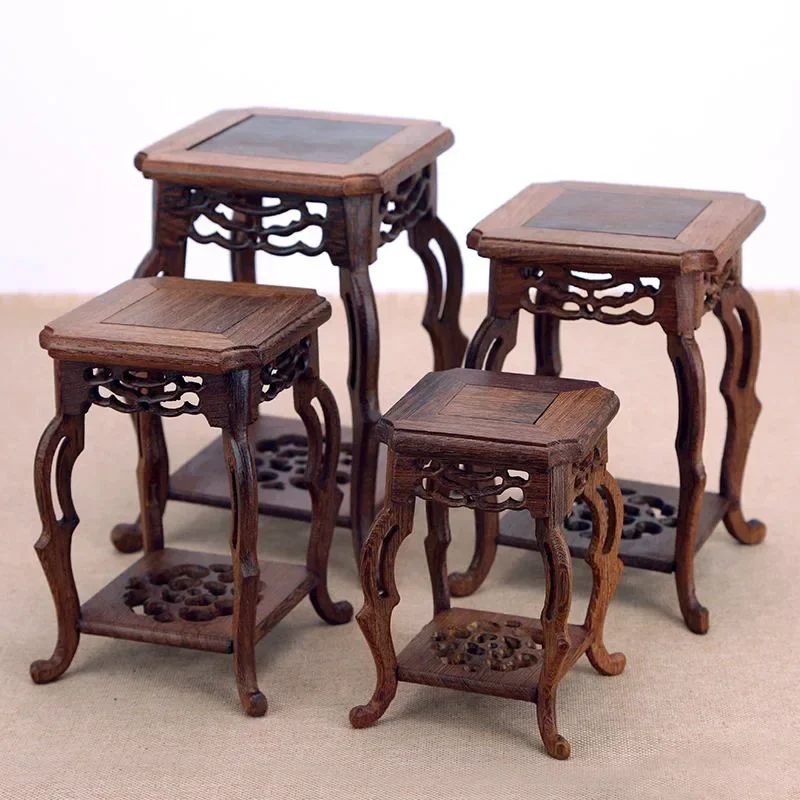 قاعدة مربعة من Redwood Crafts Seahorse، اليشم الغريب، زهرة الحجر، ختم بونساي، وعاء الشاي، حامل خشبي، حامل زهور صغير