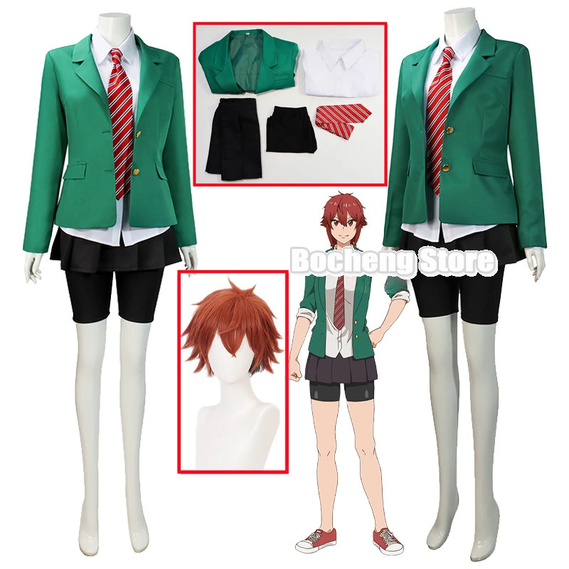 

Asazachi Cosplay Anime Tomo Chan is a Girl Cosplay Costume Wig Girl Green Jackets Skirt Shorts Tie Set Uniform Halloween Dress