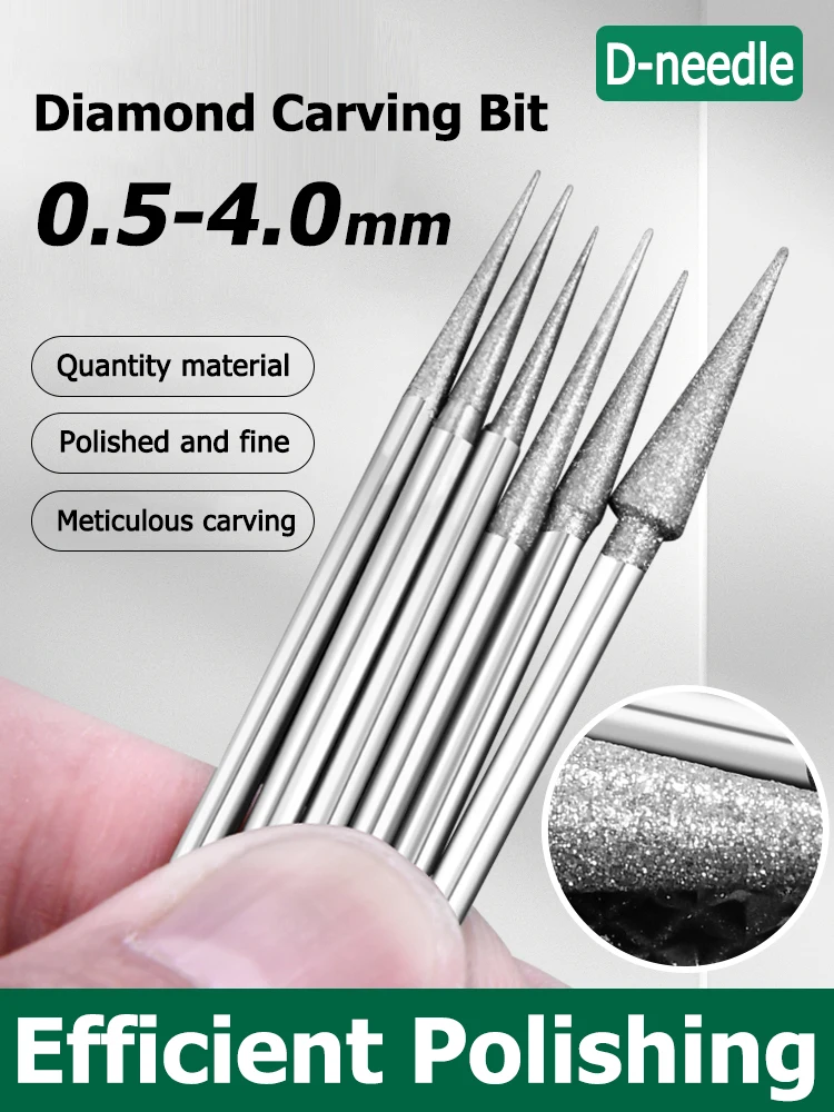 Diamante Apontado Moagem Cabeça, Haste Brocas, Burr Gravura Bit, Ferramentas Rotativas Dremel, D-Needle, 2,35mm, 0,5-4,0mm, 5Pcs