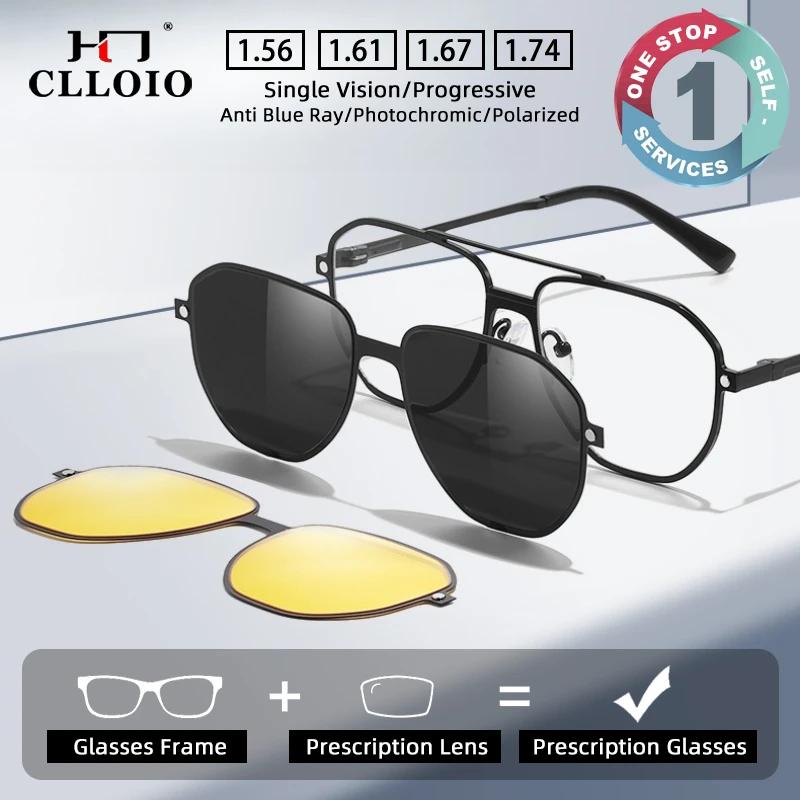 CLLOIO Fashion Aluminum Magnesium 3-in-1 Polarized Magnetic Absorbing Sunglasses Men Prescription Progressive Eyeglasses 7605