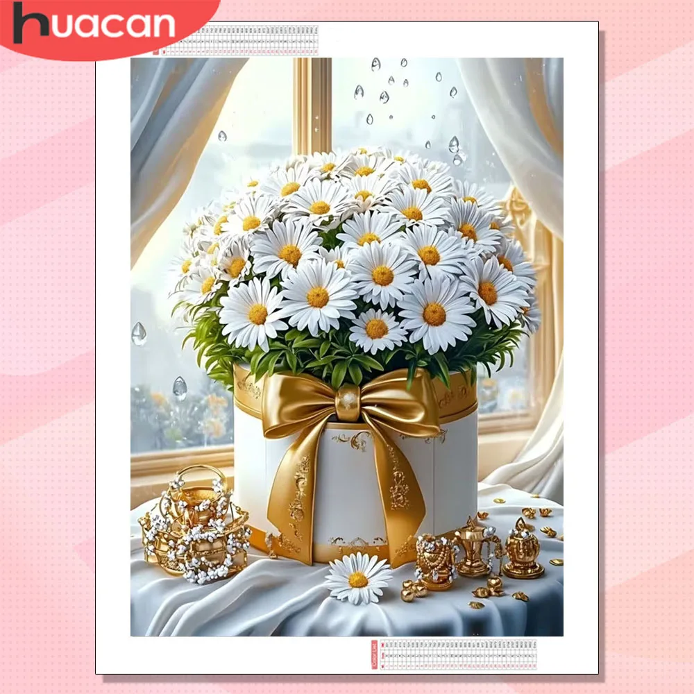 HUACAN Diamant-Mosaik 5D Gänseblümchen-Blume Komplettset Bild aus Strass Handgemachte Blumenmalerei Wanddekoration