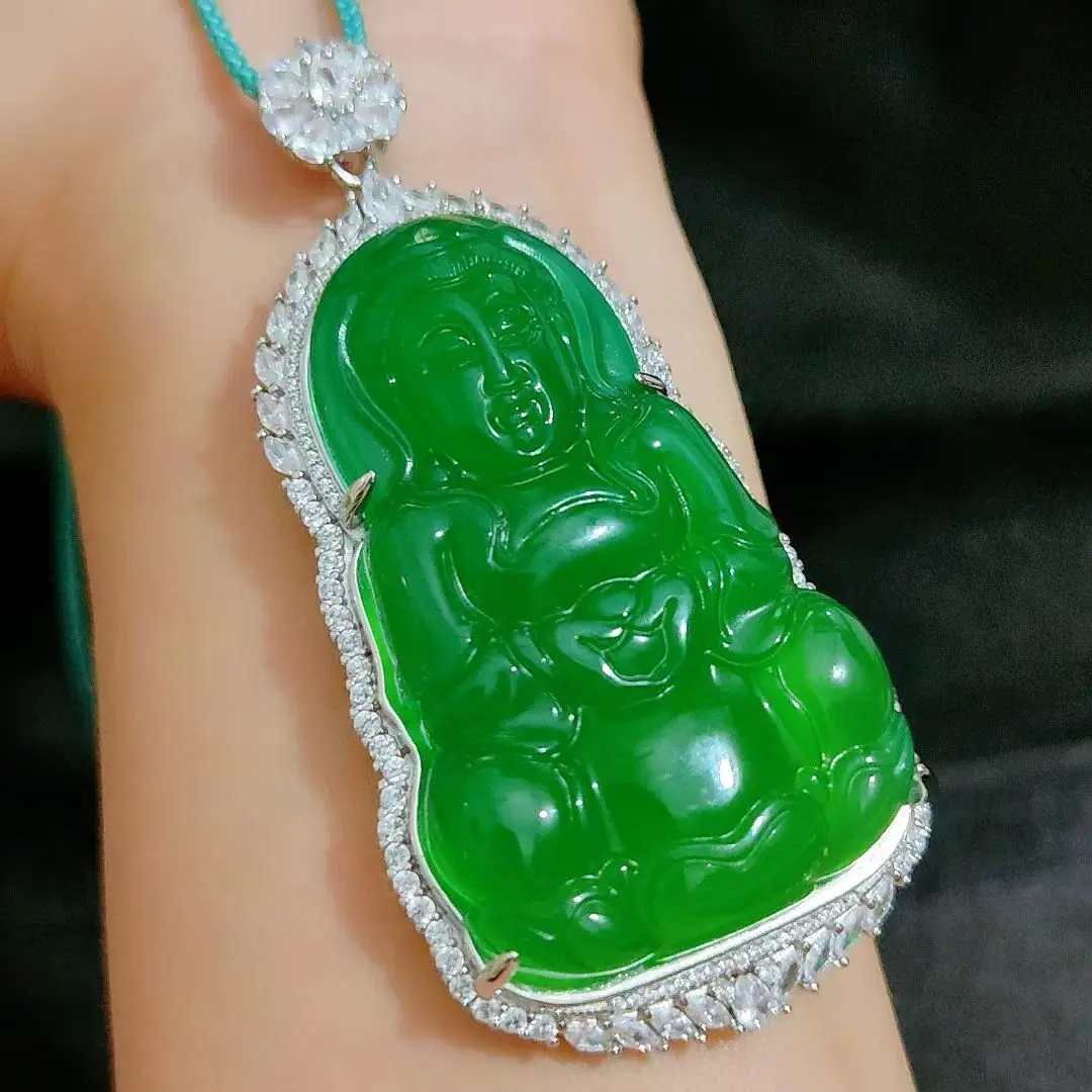 Natural Green Jade Guanyin Pendant Necklace Women Amulet Myanmar Jadeite With Certificate Guan Yin Bodhisattva Charms Necklaces