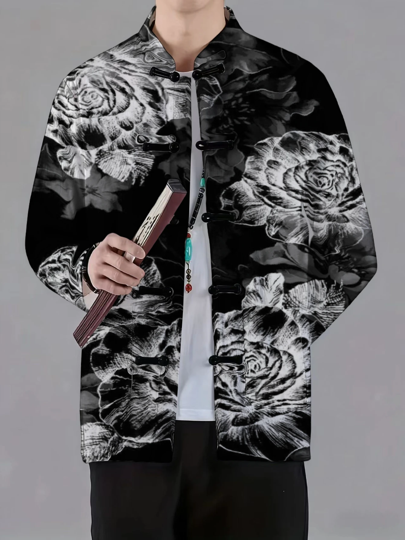 Men Men Mandarin Collar Frog Button Jacket Rose Skull Dark Art Print Traditional Outerwear - Aliexpress Deal