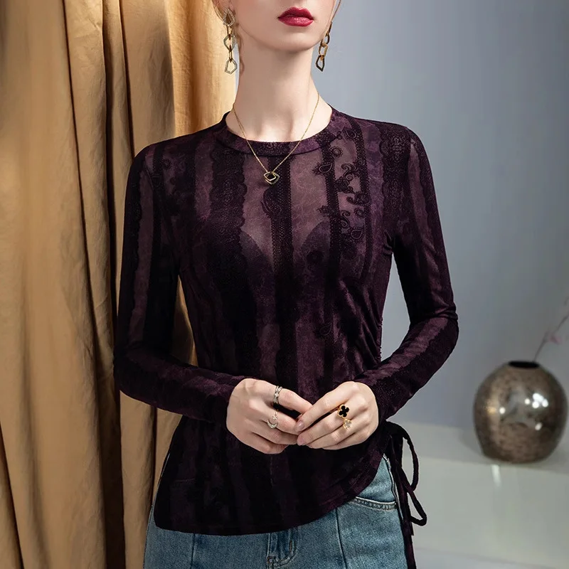 # 4299 Vintage Kurzes Unregelmäßiges T-Shirt für Damen mit Seitlicher Kordelzug-Bindung, Figurbetontes Langarm-T-Shirt mit Rundhalsausschnitt im Französischen Stil