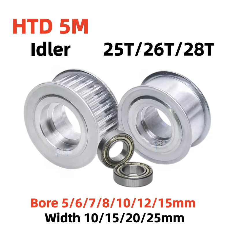 HTD5M Idler Pulley 25T 26T 28T Timing Tension Pulley With Bearing Bore 5-15mm Belt Width 10/15/20/25mm Synchronous Idler Wheel