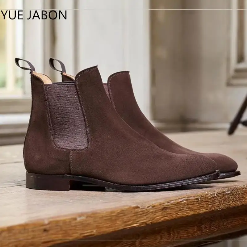 NEW Coffee Cow Suede Men Boots Comfortable Fashion With Heel 2023 Classic Slip-On Chelsea Boots Mid-Calf Rock Boots