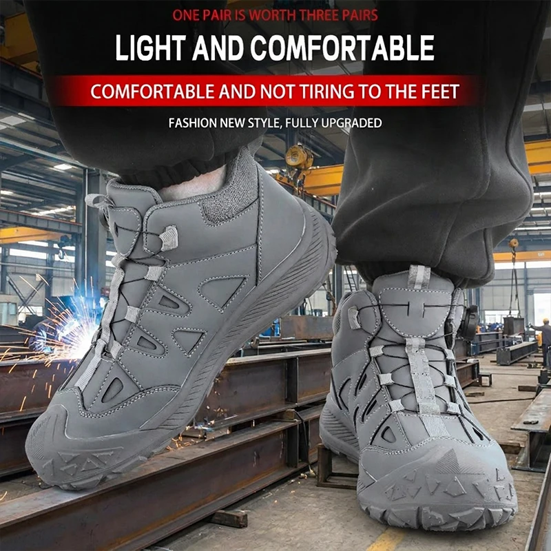 Unisex Mid‑Top Easy‑On Rotary Knob Rubber Sole Protective Safety Shoes Anti‑smash Puncture‑Proof Work Footwear