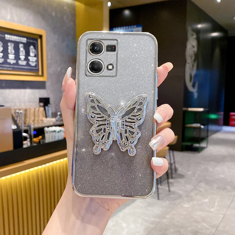 reno7pro Butterfly Luxury Bling Gilitter Phone Holder Case For Oppo Reno 7 9 8 10 6 Pro Plus 8T 5k 6Z 4 3 2 7SE 2z 4G 5G Cover