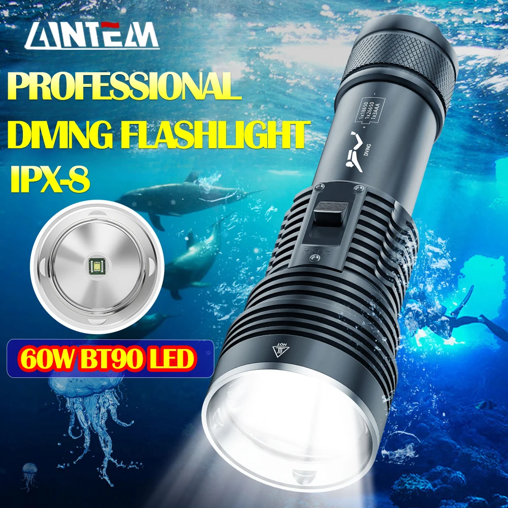 IPX8 profesyonel Spearfishing avcılık tüplü BT90 LED dalış lambası 10000LM dalış el feneri 26650 Torch sualtı fener