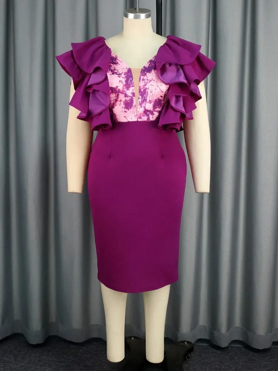 Women's Vintage Dress Sexy V-neck Printed Lotus Leaf Sleeves Purple Dresses Unique Design Fashionable Bodycon Birthday Party