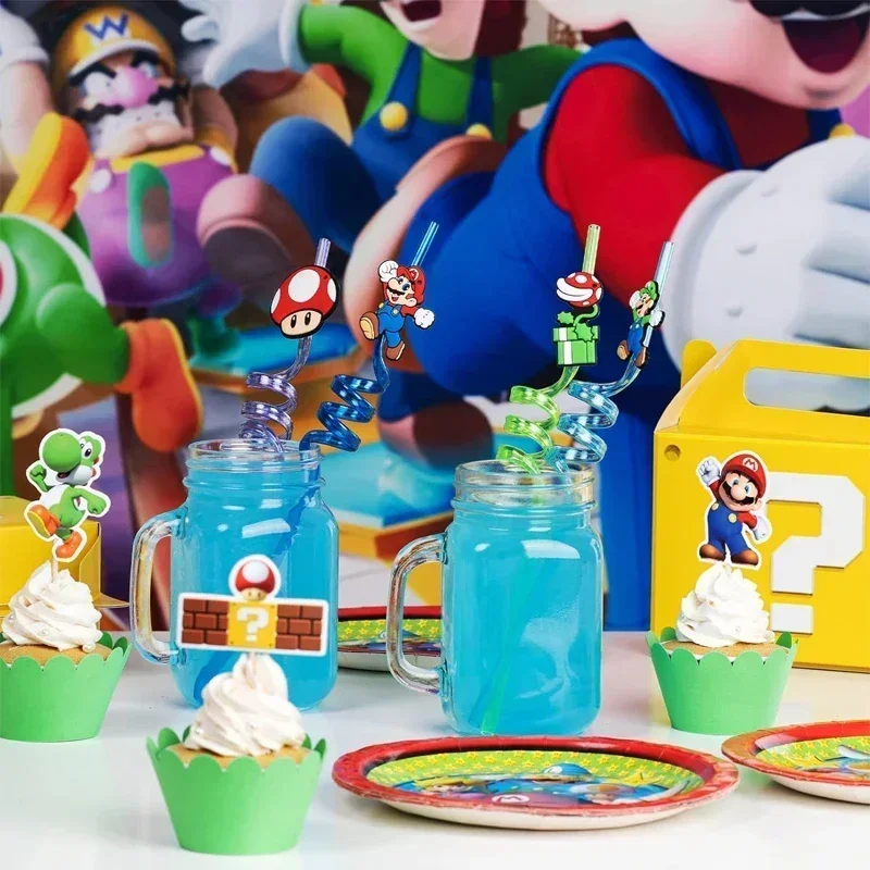 Pajitas para beber de Super Marios para niños, pajita reutilizable, decoración para fiesta de cumpleaños, Baby Shower, Anime Marios Bros,