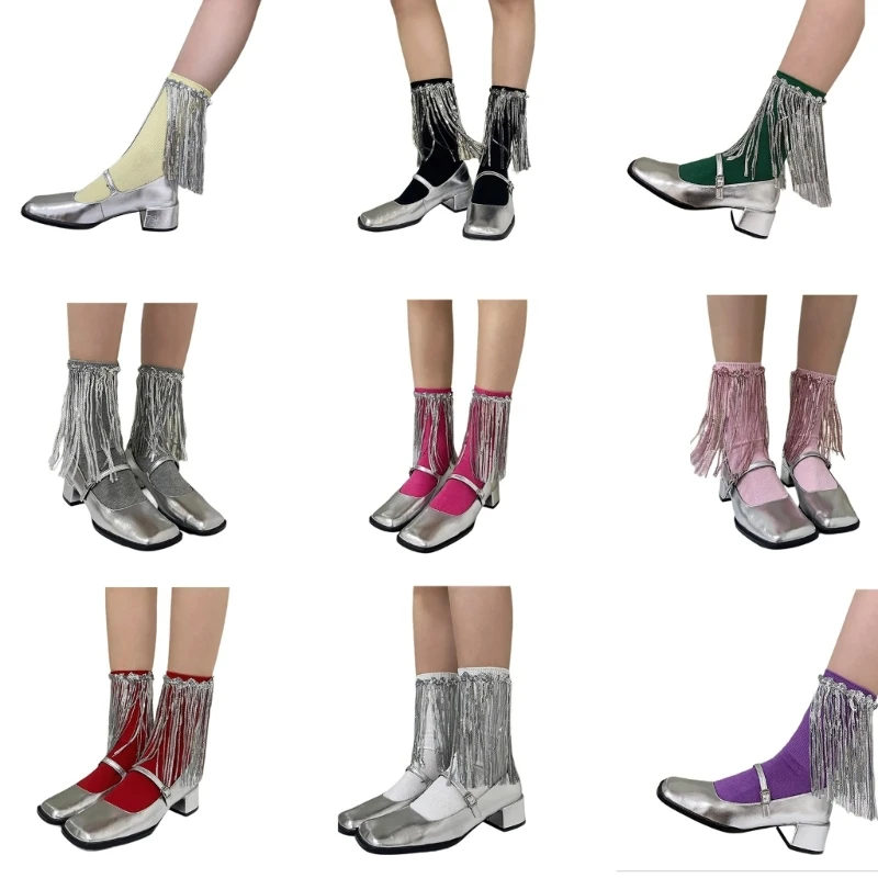 Women Harajuku Glittering Sequins Tassels Cotton Calf Sock Nightclub Shimmering Middle Tube Crew Sock Dancing Partywear