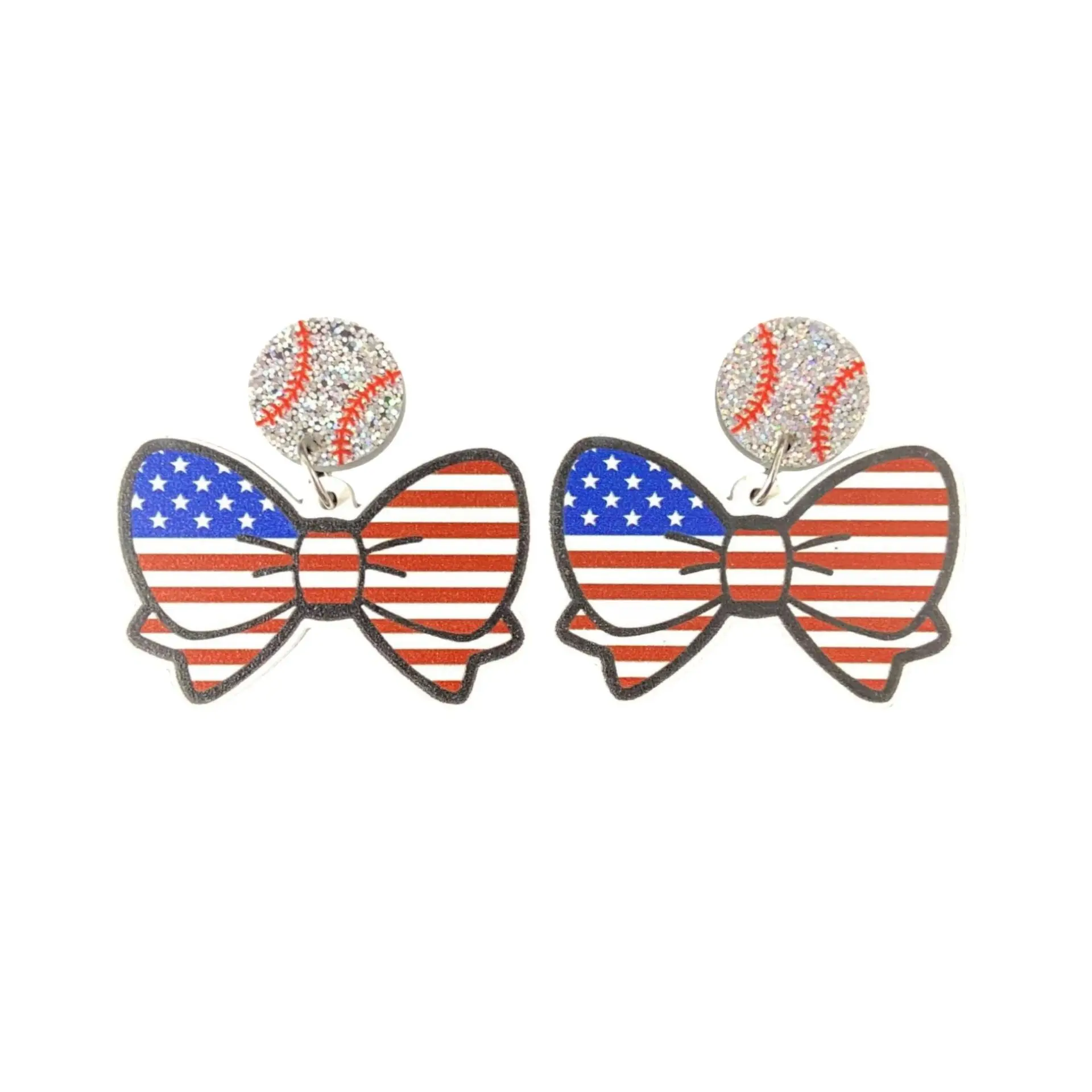Glitter Acrylic Baseball Football and Star Stripes Bow Independence Day Patriotic Earrings Sports Jewelry Gifts