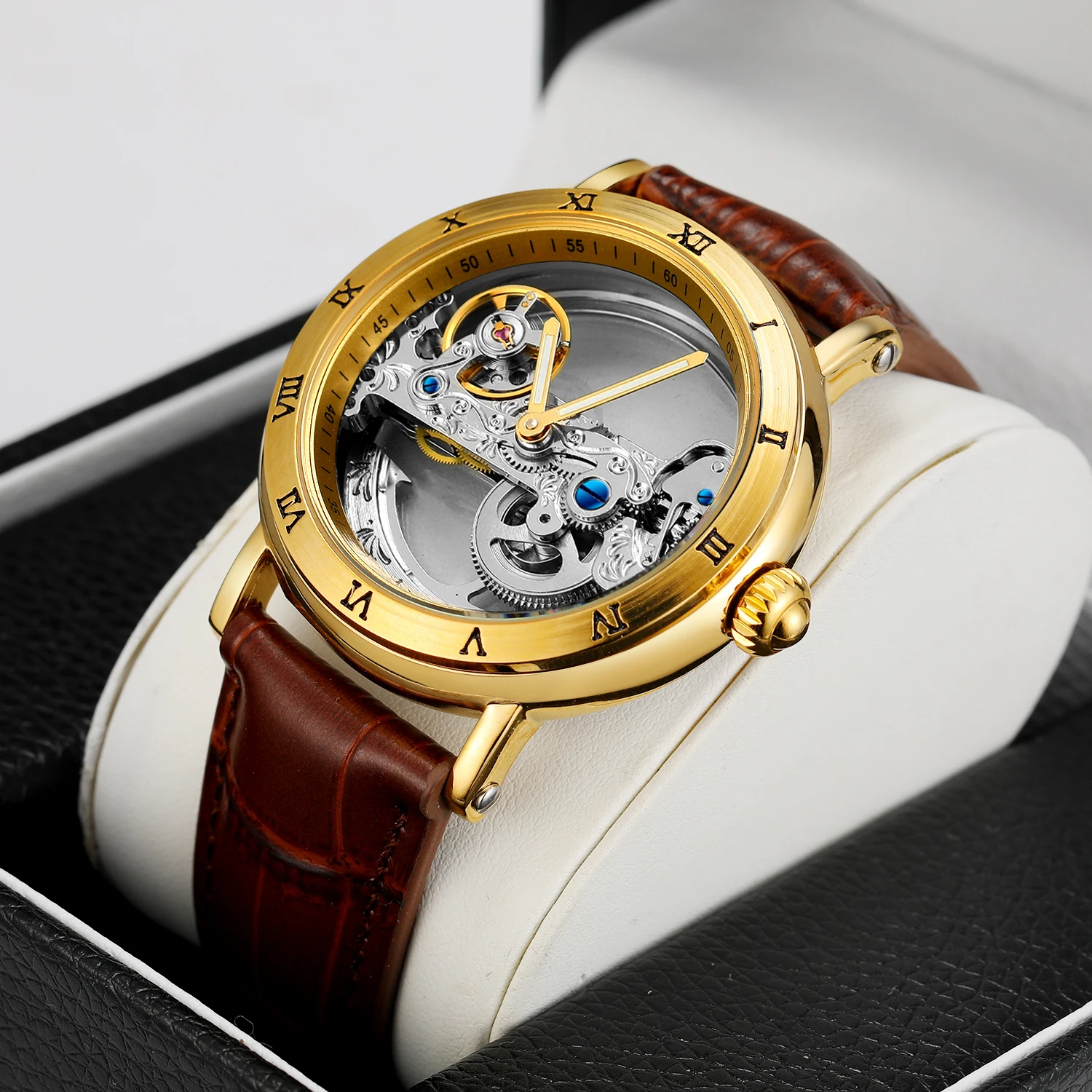 Vintage Mechanical Watches Golden Bridge Skeleton Automatic Mens Watch Luxury Genuine Leather Belt Carved Movement Luminous Hand