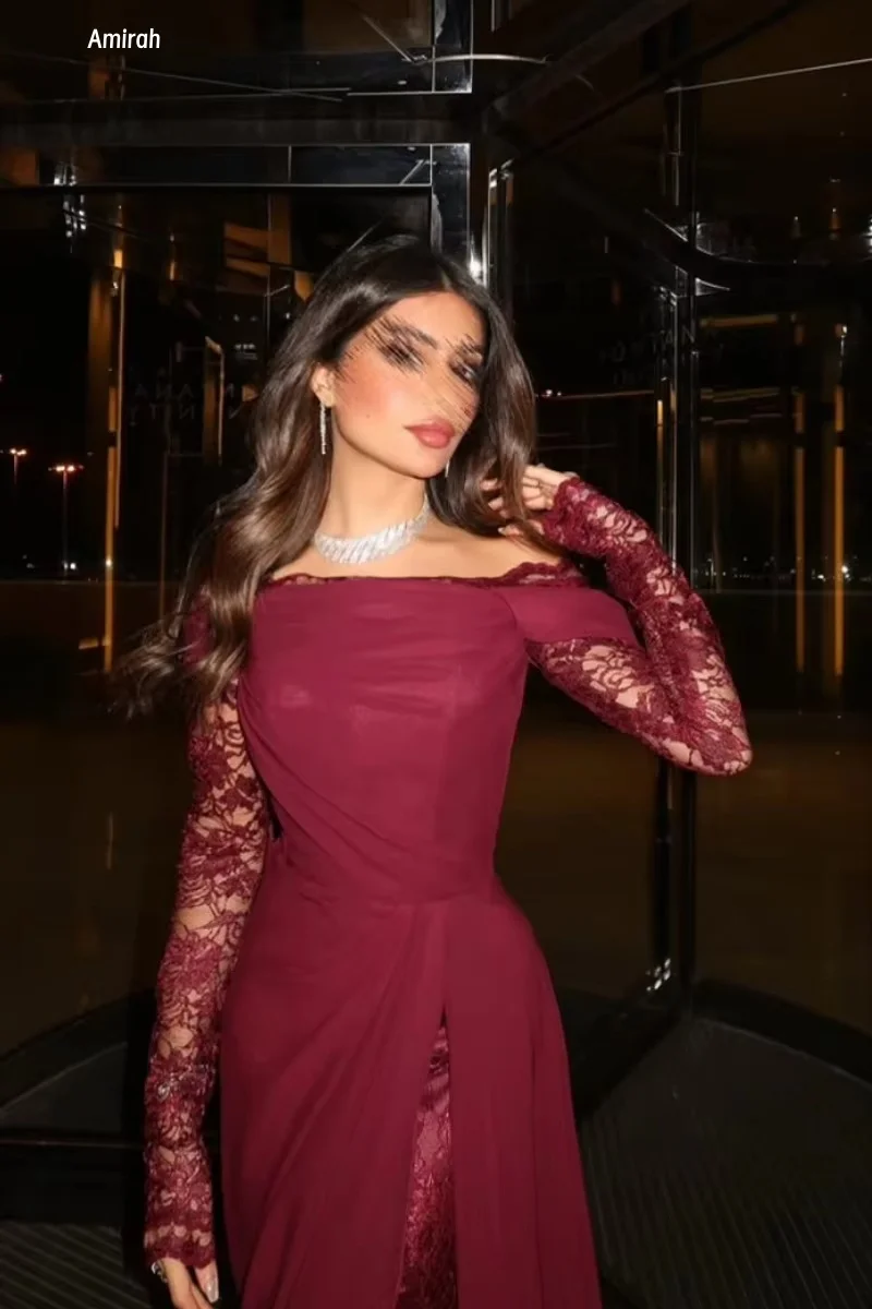 Amirah apaixonado vermelho luxo vestidos de baile 2025 mulher festa cauda de peixe vestido elegante luxo feito sob encomenda fora do ombro vestidos de baile