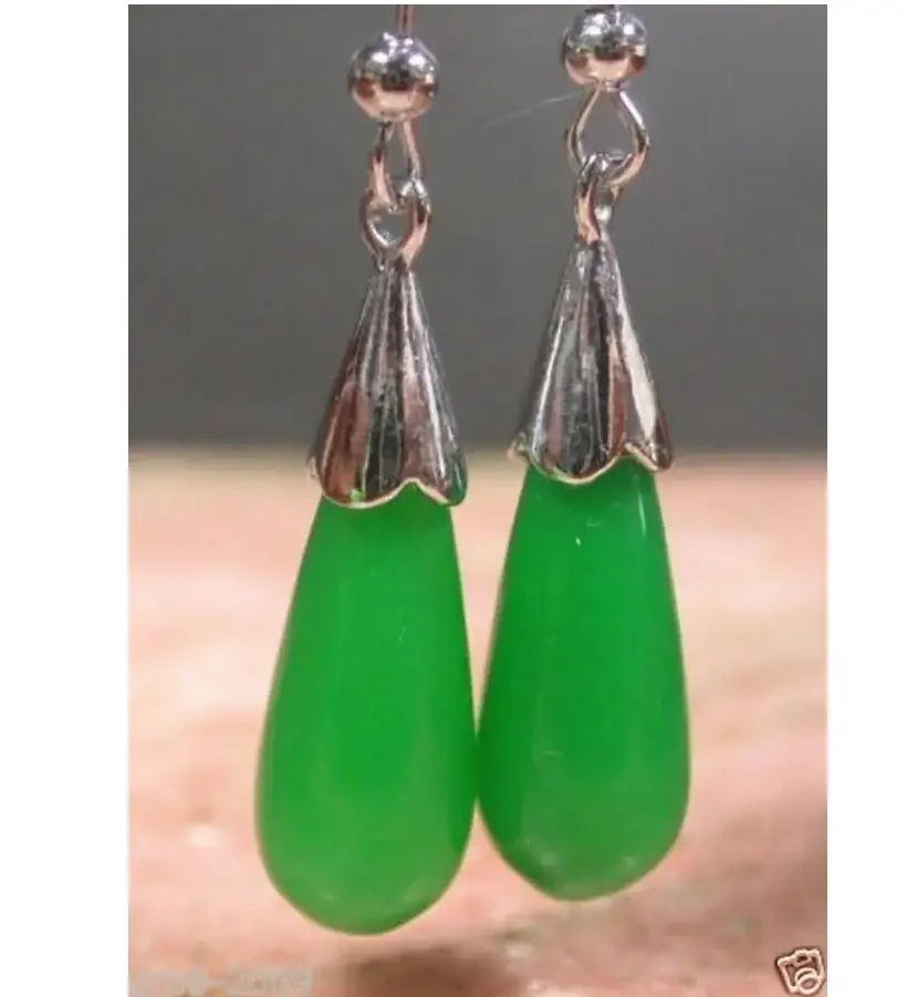 

Hot sale new Style New Pair Natural Green Jade Waterdrop 925 Sterling Silver Hook Earrings