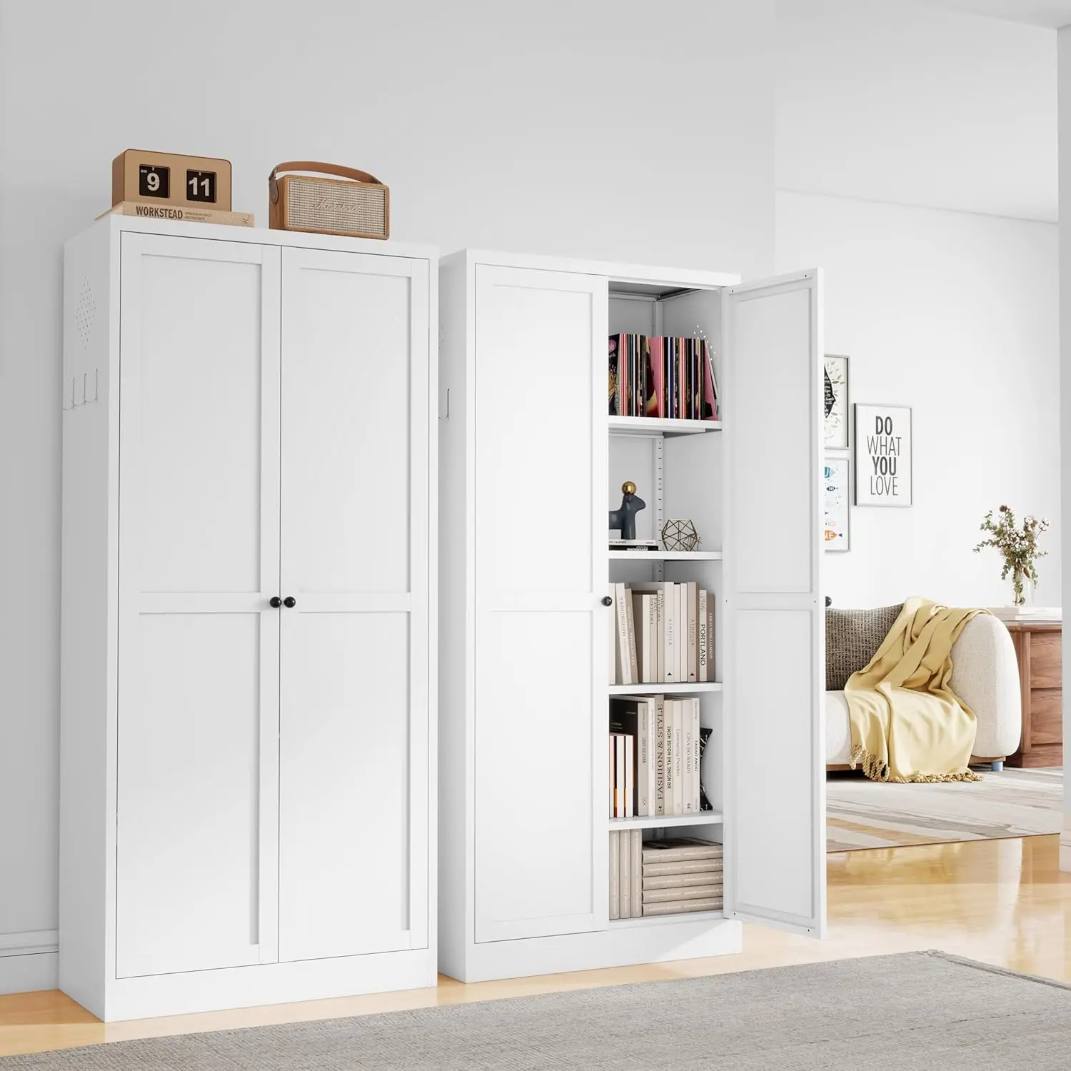 5-Tier White Steel Pantry Storage Cabinet with 2 Doors & 5 Adjustable Shelves, Tall Metal Locker for Kitchen,Customized