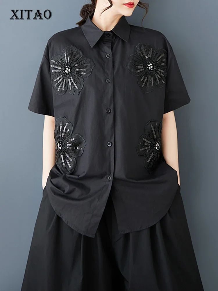 

XITAO Irregular Patchwork Shirt Loose Fashion Flower Women Temperament Trend Slimming Single Breasted All-match Top HQQ2434