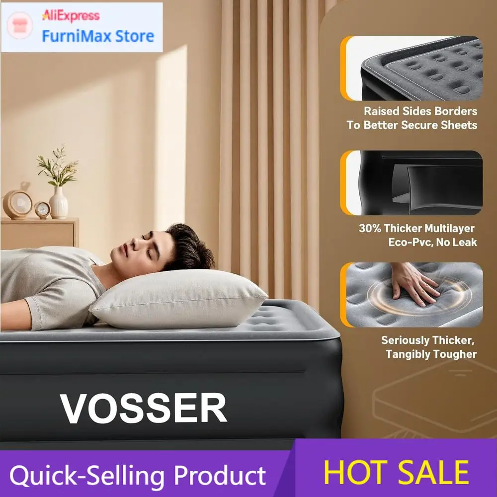 PopularPortable Inflatable Air Mattress with Quick Pump, 18 High, Full Size for Adults up to 660lbs, Black
