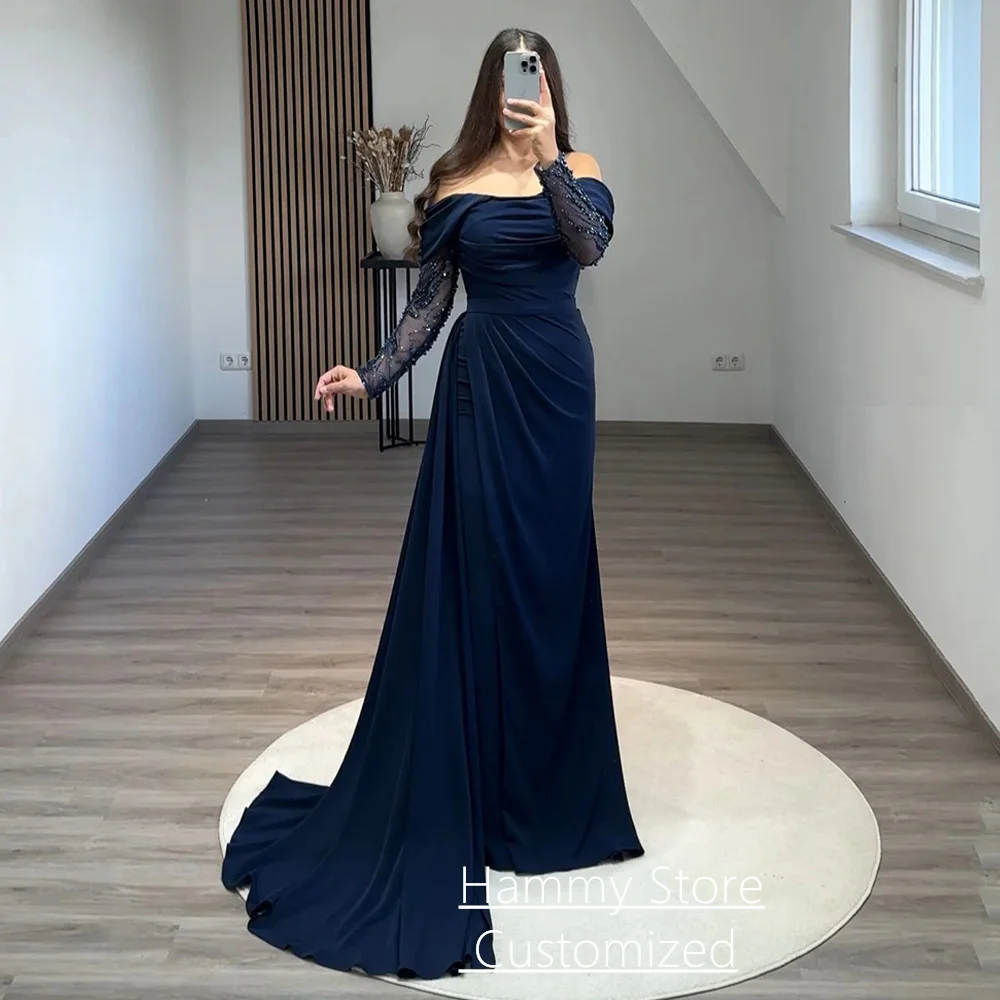 

Navy Mermaid Evening Dress for Weddings Customized Long Sleeves Beading Ruched Sweep Train Formal Prom Gown Robe De Soiree
