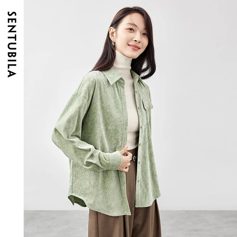 SENTUBILA Corduroy Embroidery Shirt Women 2024 Winter Folds Turn Down Collar Button Down Solid Casual Female Blouse 144C57426