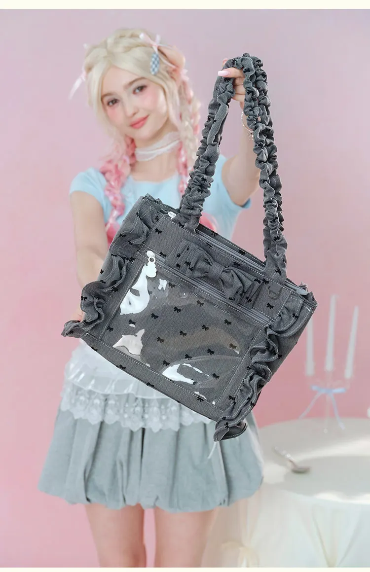 Original College Student's Sweet Kawaii White Large Capacity Itabag 2025 New Girl's Cute Bow Transparent Tote Bag Shoulder Bag