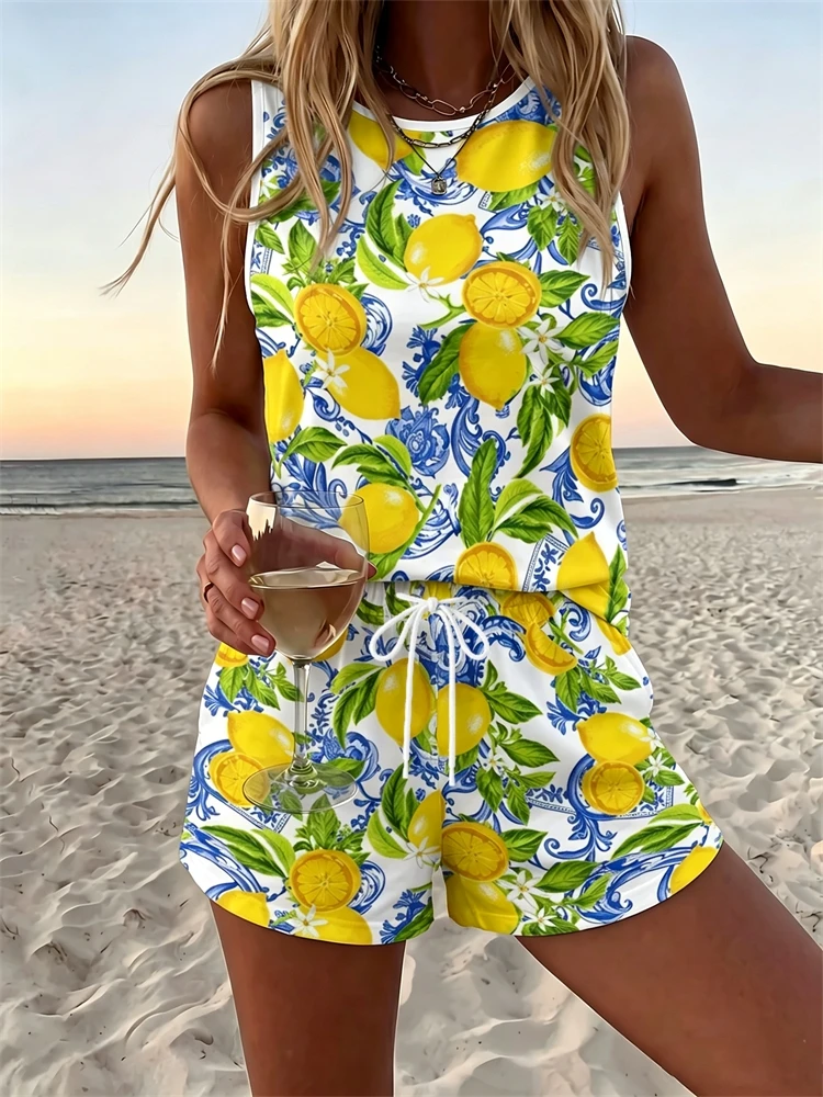 Summer Women's Crew-Neck Tank Top Set Perfect for Outdoor Vacations and Everyday Wear A Minimalist Floral Print Two-Piece Set